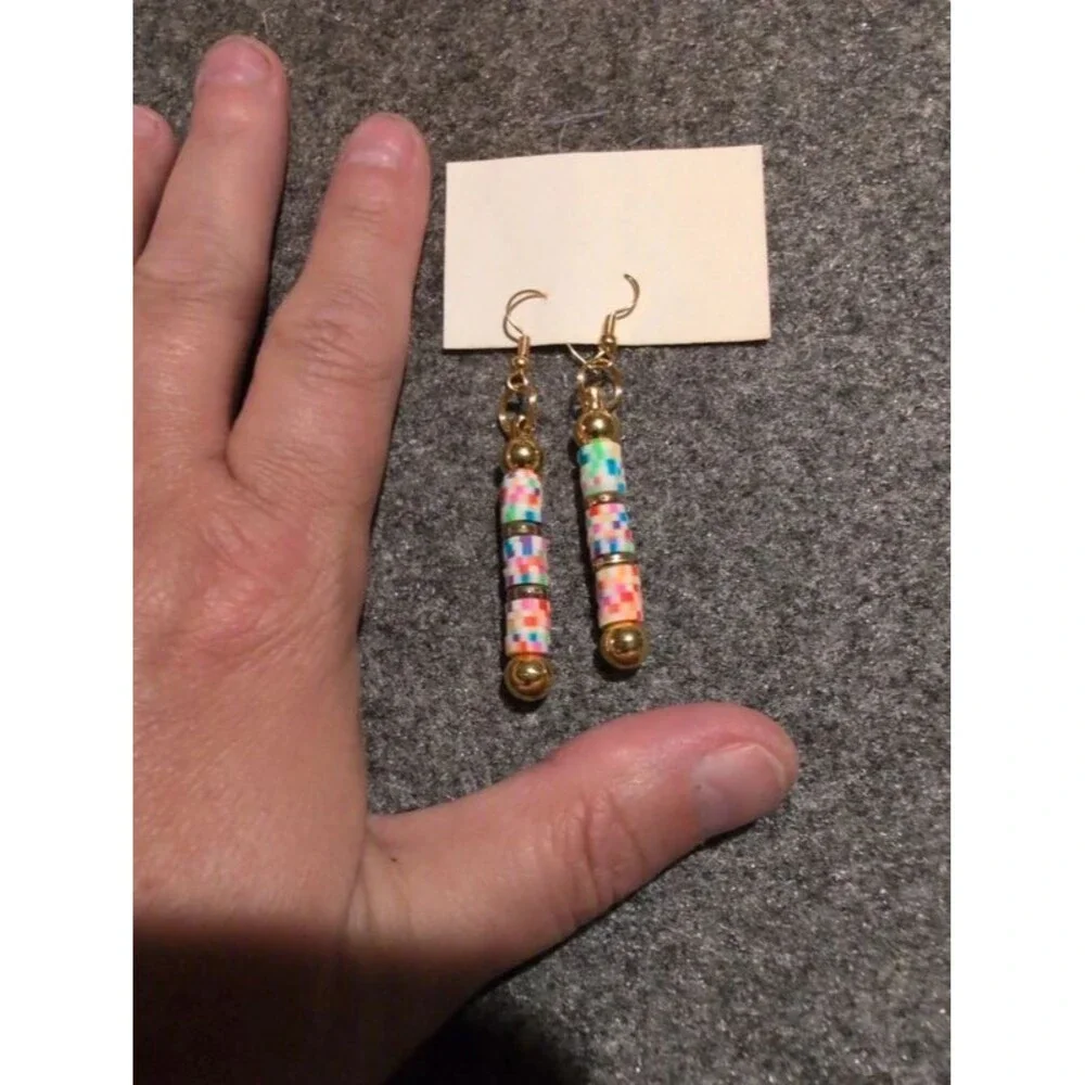 Gold and multi color flatbread, dangle hook earrings